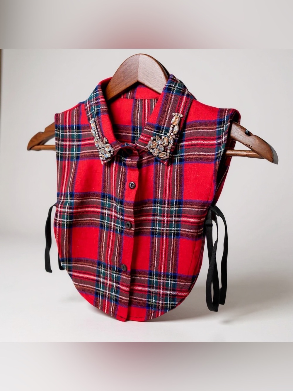 Red Plaid Detachable Collar with Embellished Jewels